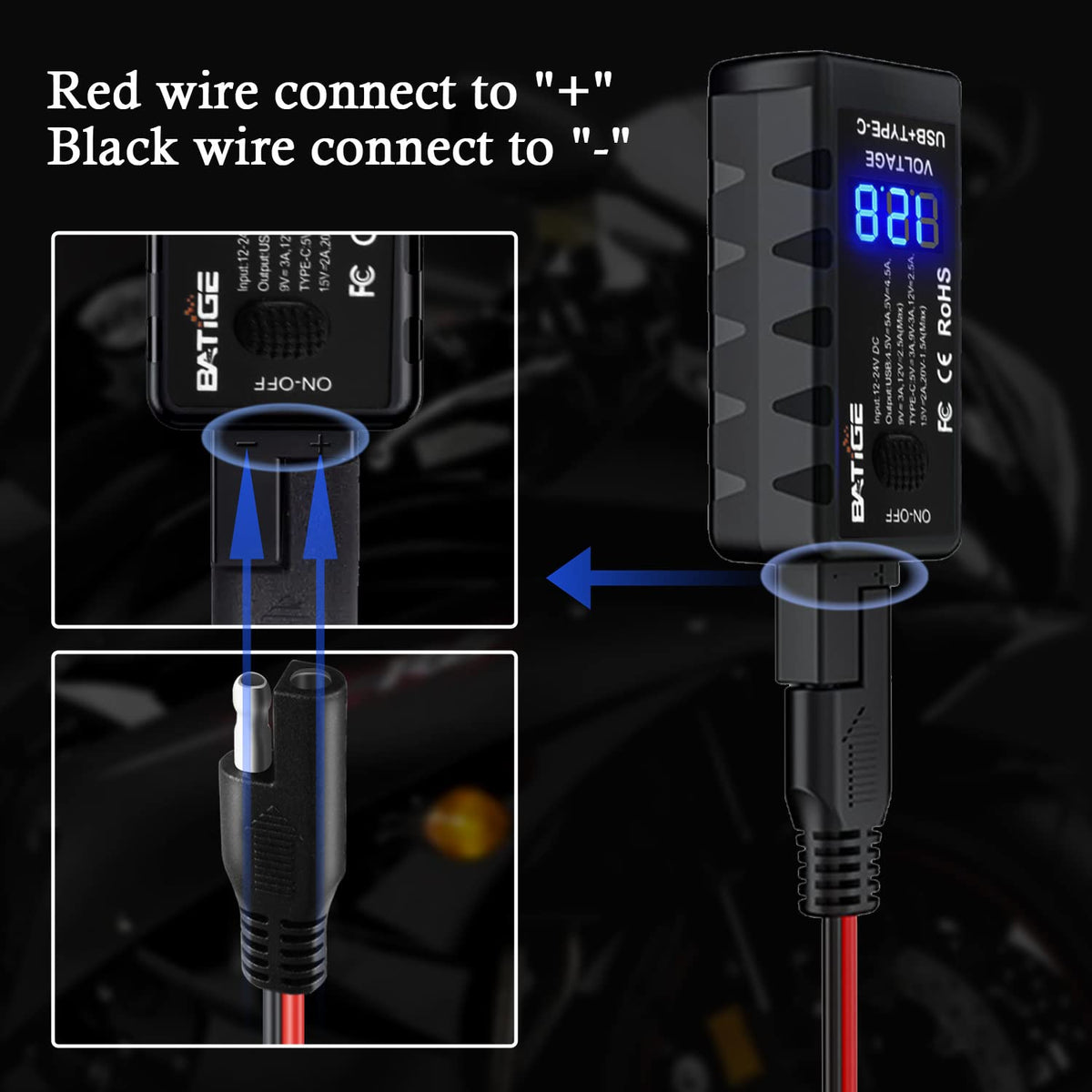 BATIGE SAE-to-USB Motorcycle Charger