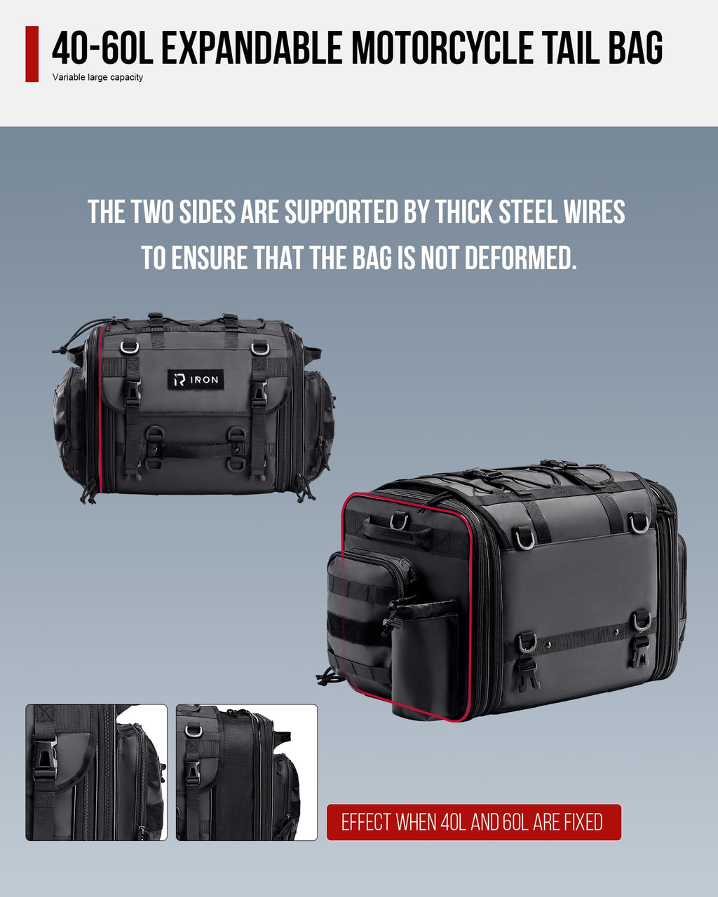 RIDEIRON 40–60L Expandable Motorcycle Tail Bag