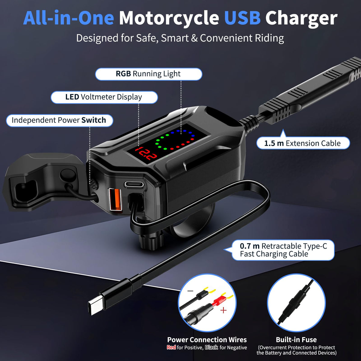 3-in-1 USB Motorcycle Charger with Cable