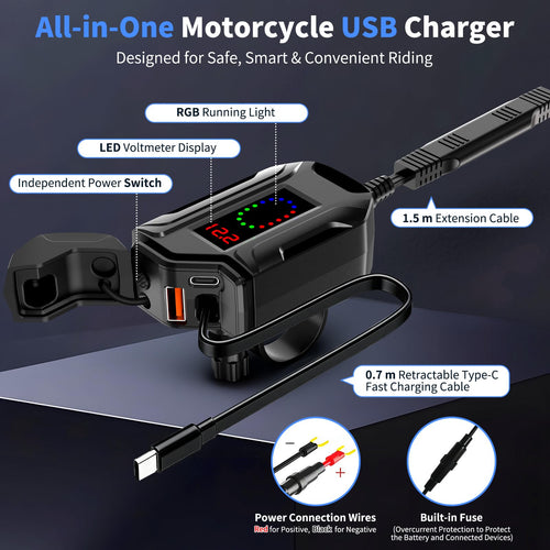 3-in-1 USB Motorcycle Charger with Cable