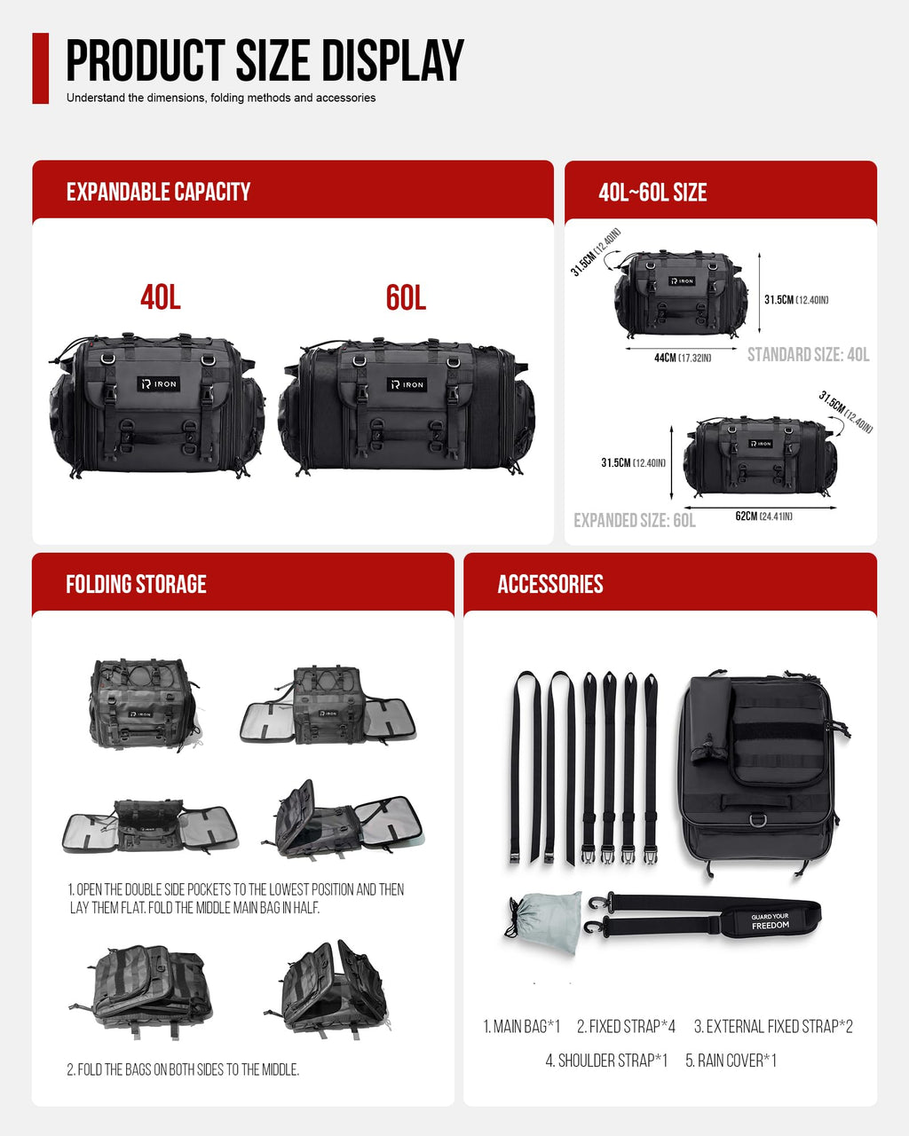 RIDEIRON 40–60L Expandable Motorcycle Tail Bag