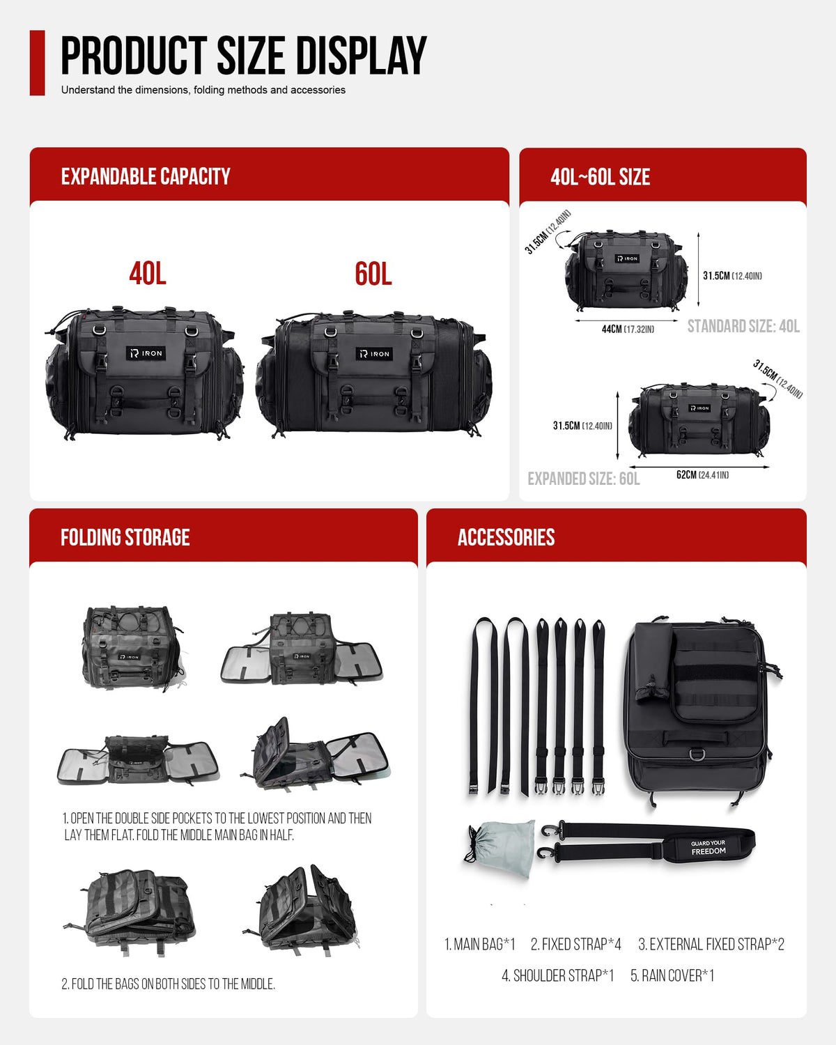 RIDEIRON 40–60L Expandable Motorcycle Tail Bag