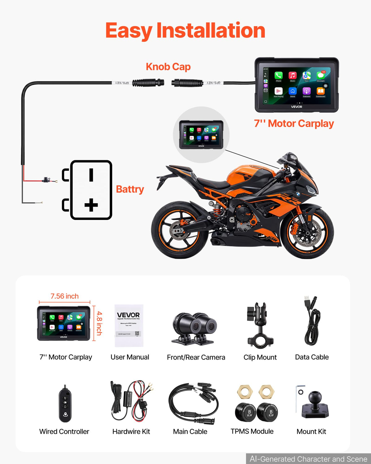 VEVOR 7-Inch Wireless Motorcycle CarPlay Screen