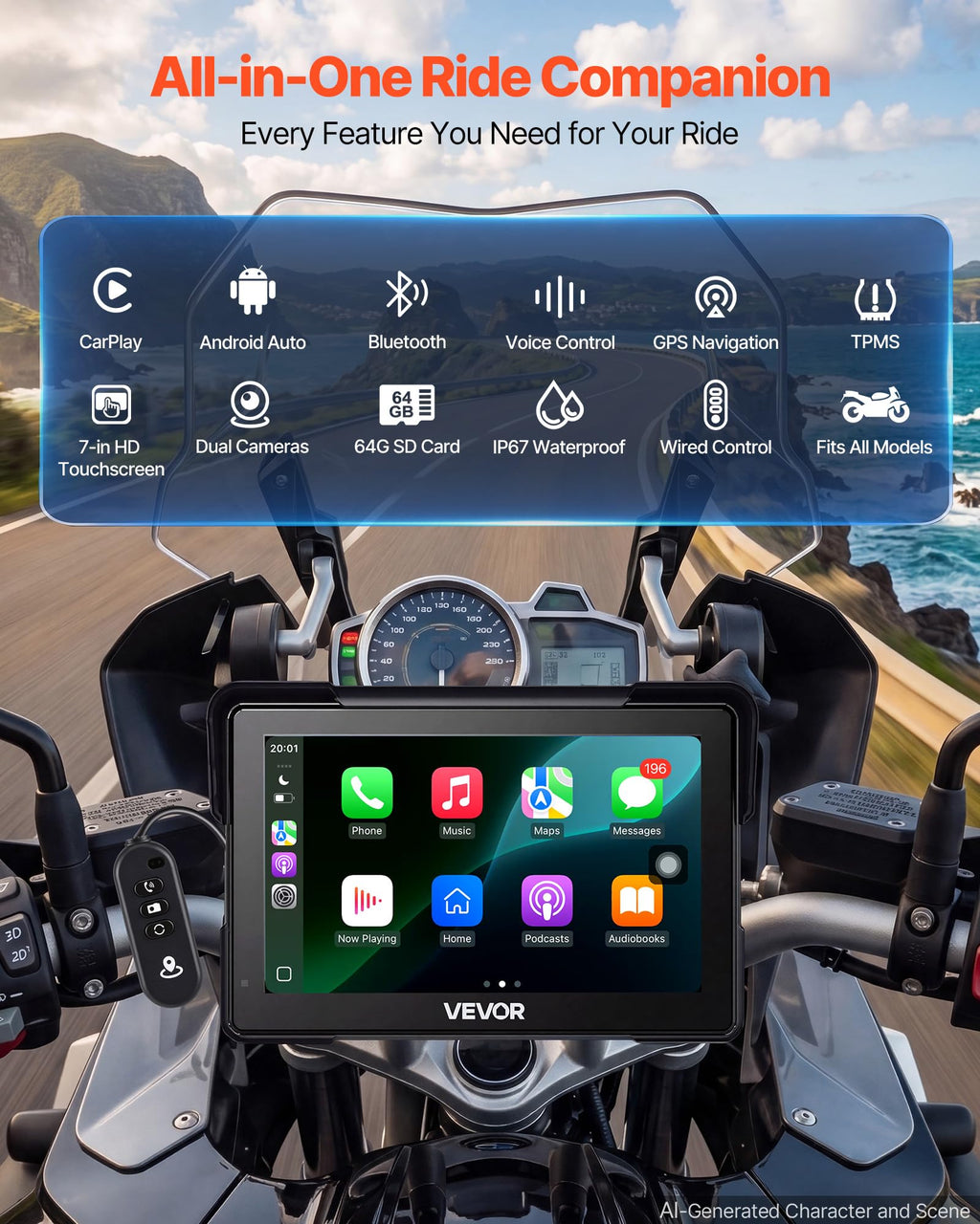 VEVOR 7-Inch Wireless Motorcycle CarPlay Screen