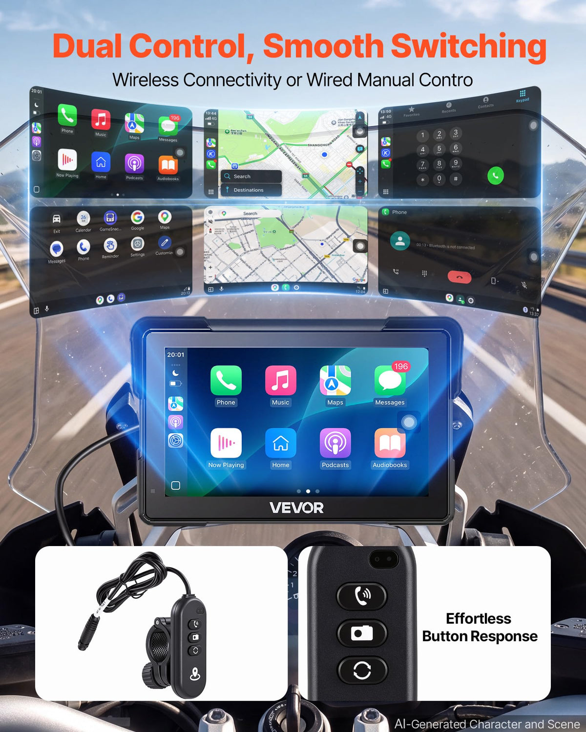 VEVOR 7-Inch Wireless Motorcycle CarPlay Screen