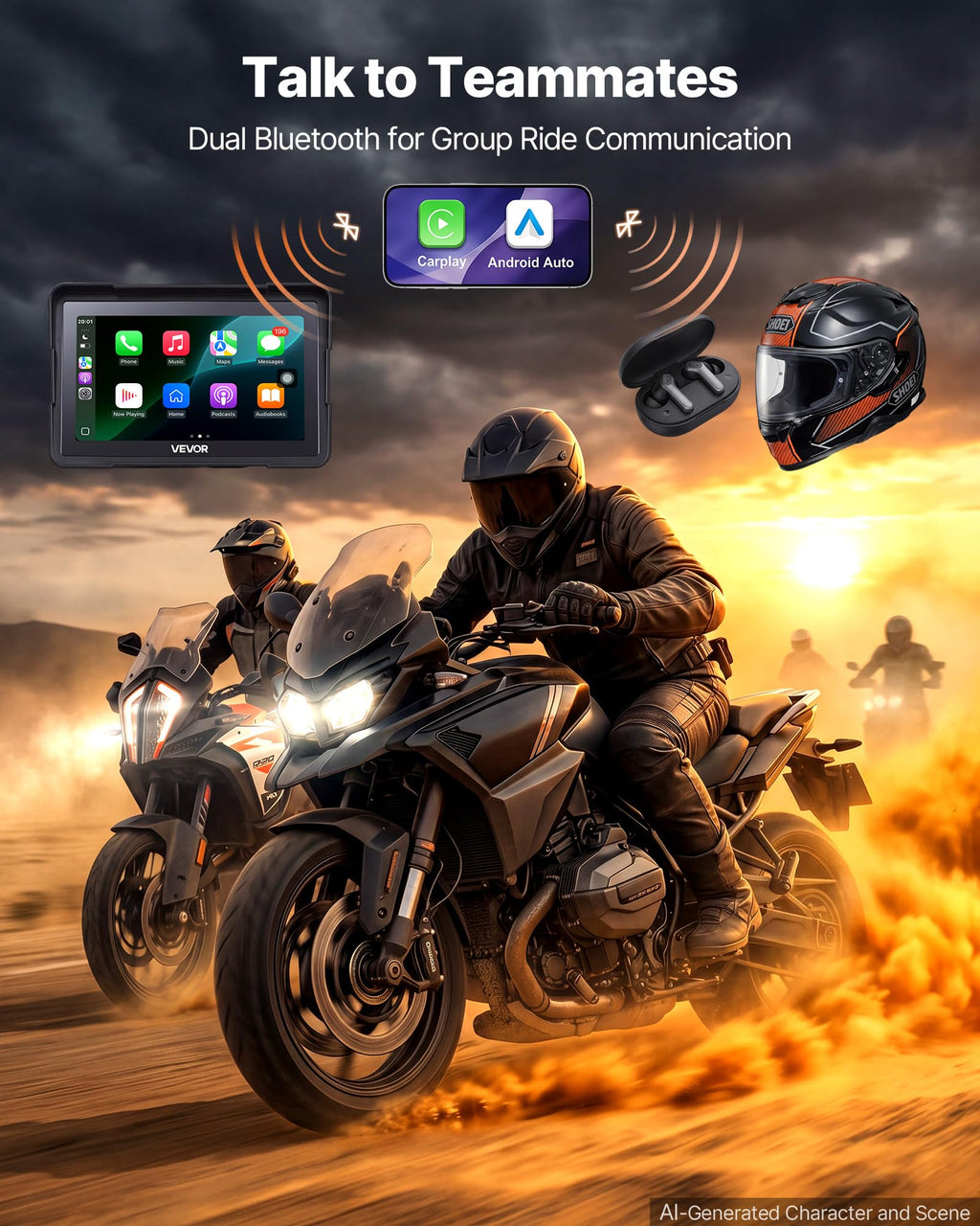 VEVOR 7-Inch Wireless Motorcycle CarPlay Screen