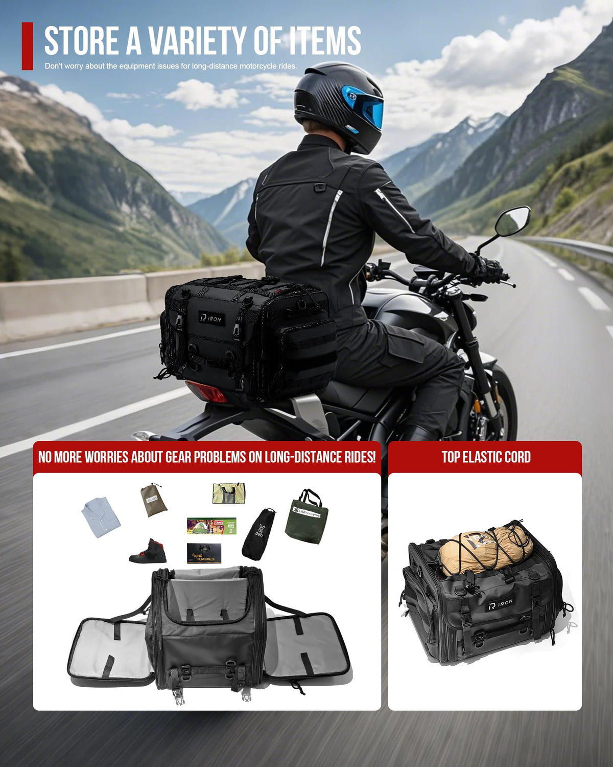 RIDEIRON 40–60L Expandable Motorcycle Tail Bag